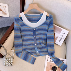 Slimming Stripe Color Block Knitwear Womens Fashion Spring Autumn Self-Keeping Style Fake Two-Piece Korean Version Straight Cut