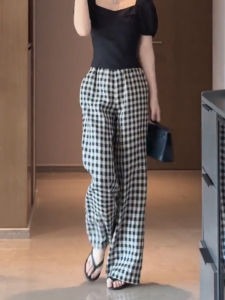 Korean Minimalist Black White Plaid Wide Leg Casual Pants Women Summer New High Waist Loose Drapey Straight Tube Trousers