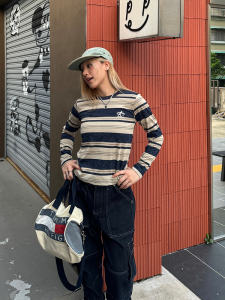 CCYEBrand Womens Retro American Striped Loose Long Sleeve T-shirt Early Autumn 2024 New Style Streetwear Classic Pattern