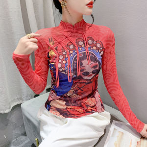 YIMEI เสื้อยืดพิมพ์ลายคอ เสื้อแขนยาวผู้หญิง ติดกระดูมดี สีฟัง สุวรรณภูมิ สูง เสื้อตา คลูมก้นเข้ารูป