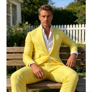 Slim Fit Yellow Mens 2-Piece Groom Tuxedos Peak Lapel Blazer Business Wedding Prom Suit Jacket Pants Set Summer Men Outfits