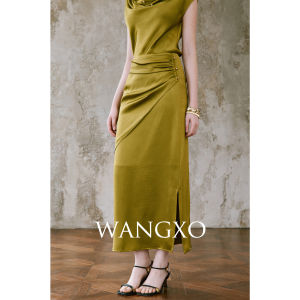 WANGXO | Bộ Váy Áo Satin Seersucker Cổ Trễ Nắng Cắt Xéo eo Thon Váy Tà