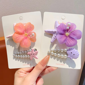 Beach度假风格 Flower Sea Star Pearl Shell Hair Clip For Girls