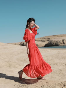 ชุดเดรสยาวสีแดงสไตล์ใหม่ปี 2023 สไตล์ยุคพระเจ้า Lumigon สำหรับผู้หญิง ชุดเดรสยาวคลุมเข่าสำหรับไปเที่ยวชายหาด ทรงหลวม สไตล์หวานๆ