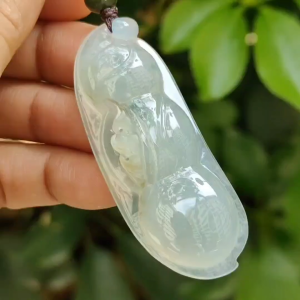 Bean with bat pendant crafted on Icy Translucent Natural Type A Jadeite Jade certificate weighs 23.26 grams measurement 56.3 * 22 * 10.7 mm (pendant394)