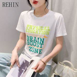REHIN 2024 summer double spelling English letters short-sleeved T-shirt thin round neck pullover womens tops
