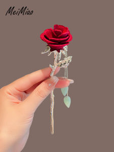 จี้ผมโลหะปักลายดอกกุหลาบสีแดงสไตล์ย้อนยุคพร้อมลูกปัดมุก จี้ผมสไตล์จีนโบราณสำหรับผู้หญิง เครื่องประดับแฟชั่น