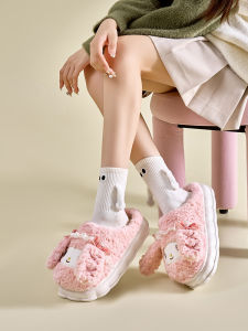 น่ารัก ธีมแมวเหมียว ผ้าฝ้าย รองเท้าแตะ ผู้หญิง สวมใส่กลางแจ้ง กันลื่น รองเท้าบ้านแบบสวมยึดความอบอุ่นสําหรับ ฤดูใบไม้ร่วง ฤดูหนาว