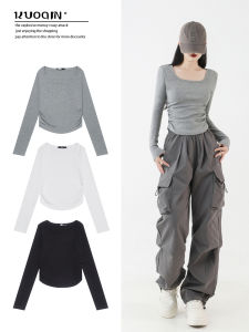 Pure Cotton Long Sleeve Short T-Shirt Womens Folded Waist Jazz Dance Base Shirt with Workwear Pants Autumn Season Style