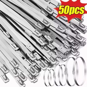 50Pcs Metal Cable Ties Stainless Steel Self Locking Fastening Rings Heavy Duty Cables Tie Strap Exhaust Wrap Organizer for Home Office