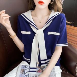 สไตล์กะลาสี Ice ผ้าไหม แขนสั้นถักบาง เสื้อท่อนบน ผู้หญิง เสื้อยืด ฤดูร้อน 2024 บล็อกสีใหม่ ดีไซน์ ลำลอง หลวม เสื้อยืดพอดี