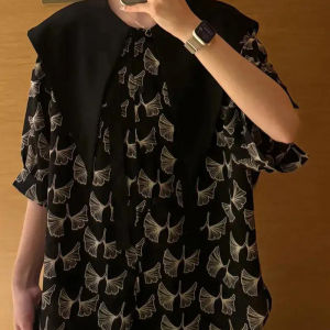 Original Island Cherry Blossom Loose Navy Collar Shirt Summer Versatile Sash Casual Style Short Sleeve Polyester Fiber