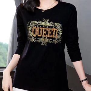 Áo Thun Nữ Tay Dài Cổ Tròn Thời Trang Thu Đông Cao Cấp Nhiều Kim Cương Áo Sơ Mi Cơ Bản Rộng Rãi Phong Cách Hàn Quốc