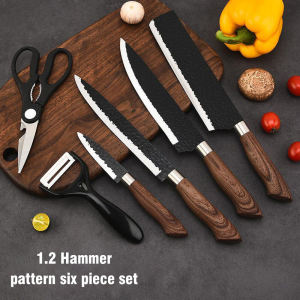 ⚡PH deliveryIn stock⚡Japanese Chef Knife Set 6 Pieces High Quality Stainless Steel Kitchen Knife Set Black Multifunctional Knife Professional Cooking Meat Butcher Knife Kitchen Tool Gift Pack【Kitchen supplies】