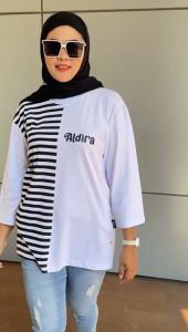 ELQIA - Atasan T-shirt Oversize Aldira Combi Stripe Pinggir Pakaian Kaos Wanita Salur Hitam Putih Kekinian