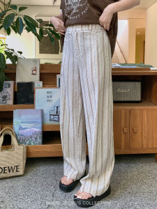 Casual Cotton Striped Straight Leg Pants plus Size Womens High Waist Comfortable Breathable Summer Trousers by Masixi