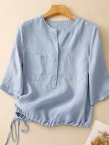 Casual Cotton Linen Blouse for Women Summer Quarter Sleeve Button-up Loose Fit Versatile Underarm Sash Linen Shirt Thin