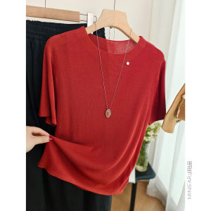 XIAOER | Colorful Tencel One-shoulder Buttoned Knitted Short Sleeve Blouse