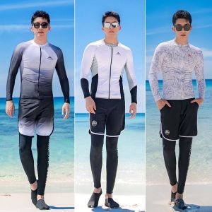 Mohan ชุดดำน้ำผู้ชายแบบเกาหลีชุดว่ายน้ำ3ชิ้นชุด UPF50กันแดดชุดแมงกะพรุนชุดเซิร์ฟวิ่งแห้งเร็วกางเกงไซส์ใหญ่ดำน้ำดูปะการังลายพิมพ์แขนยาวชุดว่ายน้ำแยกชิ้น