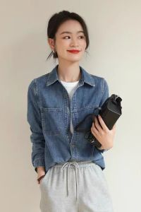 เสื้อเชิ้ตยีนส์ทรงหลวมแขนยาวสำหรับผู้หญิง ฤดูใบไม้ผลิและฤดูใบไม้ร่วง สไตล์ย้อนยุคฮ่องกง ชั้นใน ชั้นนอก ลำลอง เสื้อคลุม