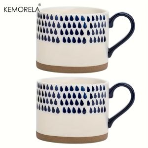 2PCS Ceramic Coffee Mugs - Hand-Painted Geometric Blue & White Design Microwave Safe Reusable Round Cups for Coffee Tea Oatmeal