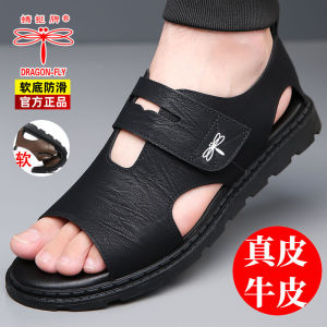 Dragonfly Brand Mens Genuine Leather Sandals Summer New Casual Soft Bottom Anti-slip Beach Shoes Outdoor Driving Roman Sandals
