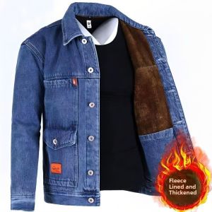 Mens Winter Thickened Fleece Lined Denim Jacket Warm Wear Resistant Windproof Large Size Loose Fit Jeans Style Coat with Multiple Pockets