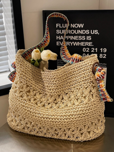 Large Capacity Straw Woven Tote Bag Womens Summer Beach Vacation Single Shoulder Commuter Bag Korean Style Soft Handbag