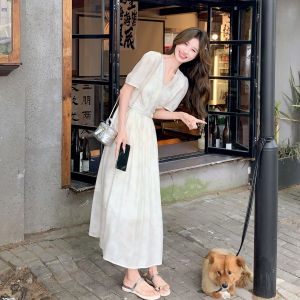 ชุดเดรสยาวคอวีหรูหรา ชุดเดรสยาวทรงเอเอวสูง แขนสั้น ผ้าฝ้ายผสมโพลีเอสเตอร์ ชุดทำงานฤดูร้อน 2024 ชุดเดรสยาวคอวีหรูหรา