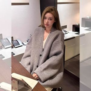 Gray V-Neck Sweater Coat Womens Versatile High-End Feel Minimalist Style Long Sleeve Commute Winter Fashion Outerwear