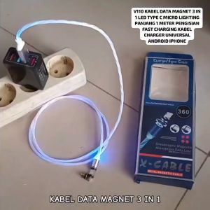 V110 KABEL DATA MAGNET LED 3IN1 LED TYPE C MICRO LIGHTING 1 METER PENGISIAN SUPER FAST CHARGHING KAB