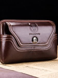 Leather Belted Mens Large Capacity Mobile Phone Bag Vintage Style Casual Crossbody Bag with Zipper for Middle-Aged And Elderly