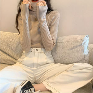 เสื้อถักคอสูงแขนยาวหนาสำหรับผู้หญิงในฤดูใบไม้ร่วงและฤดูหนาว เสื้อชั้นในทรงเข้ารูป เสื้อชั้นในแบบสวมหัว สไตล์เกาหลี