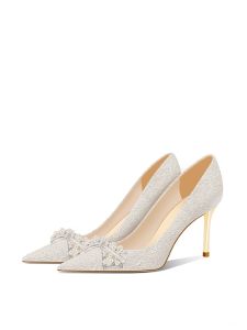 รองเท้าแต่งงานสีแชมเปญ ผู้หญิง สวมใส่สองทาง 2024 รองเท้าเจ้าสาวใหม่ไม่มีรองเท้ารองเท้าส้นสูงฝรั่งเศสส้นบาง เรียบหรู ไข่มุกผีเสื้อปม