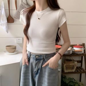 Gray Ribbed Short Sleeve T-Shirt Womens Summer New Sweet Spicy Small High Waist Tight Slimming Short Style Top for Young Women