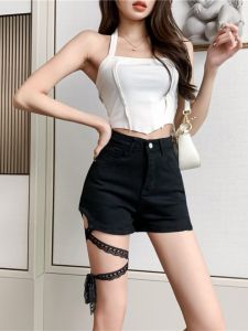 กางเกงขาสั้นผ้ายีนส์เอวสูงสำหรับผู้หญิง 2025 กางเกงขาสั้นผ้าเดนิมทรงเข้ารูปสีดำ ดีไซน์โบว์ผีเสื้อ กระชับสัดส่วน แฟชั่นฤดูร้อน