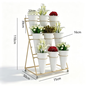 SOFTHOME Iron Flower Stand Multi-Layer Movable Flower Display Florist Flower Shelf with Basket