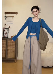 YUEZHONGWEI | Blue Korean Style Early Autumn Outfit Set with Cardigan and Tank Top