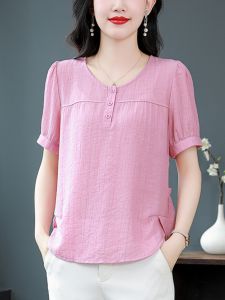 Elegant V-Neck Chiffon Shirt Womens Summer Thin Short Sleeve Loose Belly Covering Slimming Top Commute Retro Style Button Detail