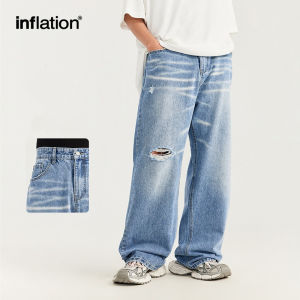INFLATION brand mens youth 2024 summer new hip-hop ripped wide leg jeans fashion trendy street loose straight leg pants