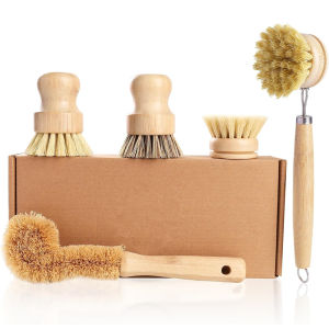 LMETJMA | Bamboo Dish Brushes Set 5Pcs Natural Wooden Kitchen Clean Brush Dish Scrubber Pot Bowl Cleaning Brush with Natural Bristles