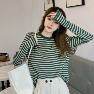 Striped Loose Long Sleeve Womens Base Shirt Korean Style Lazy Top Commute Cotton Blend Autumn Fashion T-Shirt