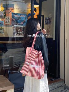 Original Luself Red Striped Canvas Tote Bag Simple Commuter Style Large Capacity Single Shoulder Handbag for Students