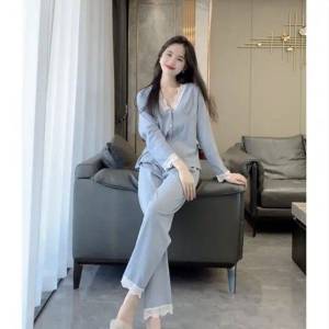 Spring Autumn Cotton Pajamas Womens Lace Trim V-Neck Long Sleeve Long Pants Home Clothes Set Outerwear Thin Pure Cotton