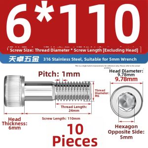 TIANZHUOJINSHU | Stainless Steel Half Thread Internal Hex Screw Cylindrical Head Extended Socket Cap