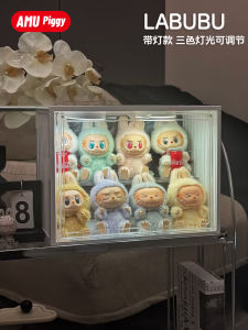 Labubu Display Box with Light Macaron Vinyl Doll Figure Blind Box Collectible Shelf Storage Organizer for Bedroom Study