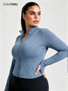 Plus Size Women Slim Fit Yoga Jacket Full Zip Sports Coat High Stretch Gym Workout Top Long Sleeve Solid Color Activewear