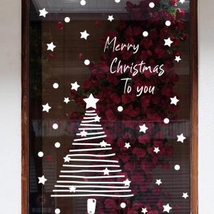 Adorable Christmas Tree Snowflake Wall Decals Waterproof Glass Decorations for Living Room Sliding Door Costume Shop Restaurant Window