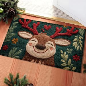 VIKAMA Christmas Cute Reindeer Pattern Rug Bedroom Living RoomHallway Entrance Mat Non-Slip Stain-Resistant Carpet Home Decor