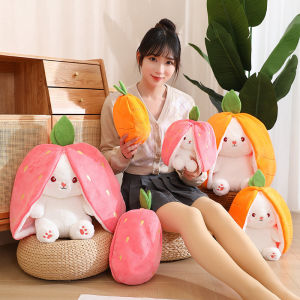 KiddoZone Rabbit Plush Toy Bunny Doll 2 in 1 Strawberry Rabbit Toy Hugging Sleeping Pillow Cute Animal Soft Stuffed Toy Easter Birthday Gifts for Kids Girls